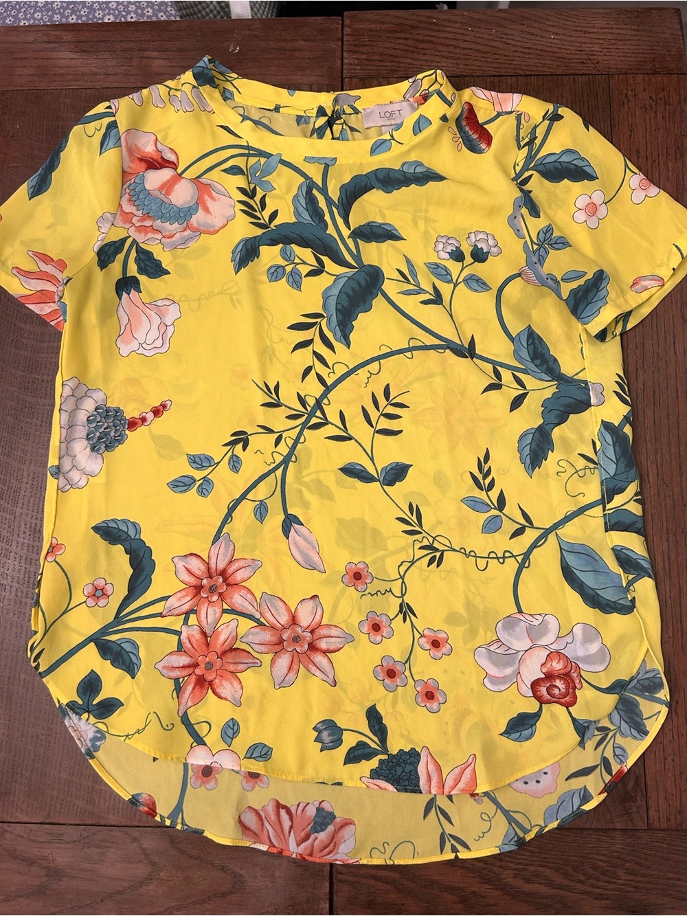 LOFT Yellow Floral Short-Sleeve Top with Blue-Green Leaves